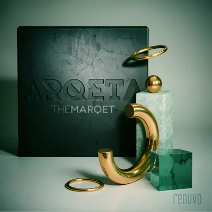 MARQET brand identity render with gold rings on a dark set, identity design by Renuvo Design Inc.