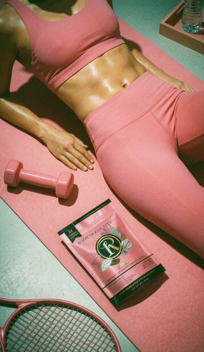 Model in pink activewear beside Ross Chocolates and a dumbbell, fitness campaign by Renuvo Design Inc.