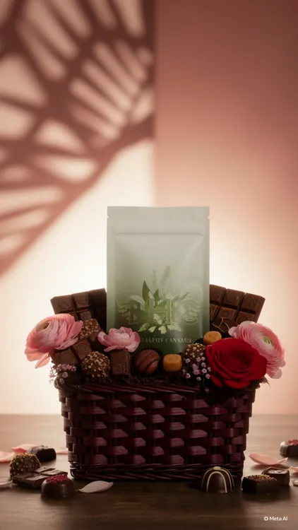 Ross Chocolates gift basket with chocolates and flowers, campaign styling by Renuvo Design Inc.