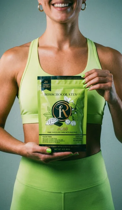 Model in green activewear presenting a Ross Chocolates pack, campaign by Renuvo Design Inc.
