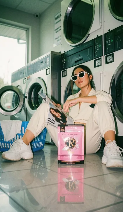 Laundromat editorial featuring a model with a pink Ross Chocolates product, campaign by Renuvo Design Inc.