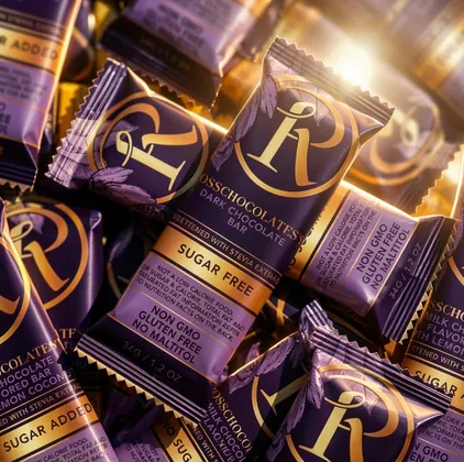 Close-up of Ross Chocolates sugar-free dark chocolate bars, packaging design by Renuvo Design Inc.