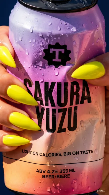 Sakura Yuzu beer can held with yellow nails, beverage branding by Renuvo Design Inc.