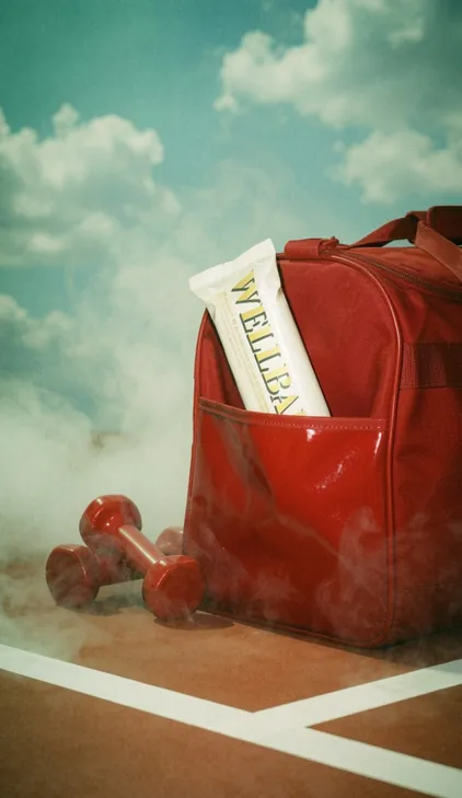 WELLBAR protein bar in a red duffel bag against a dreamy cloud backdrop, brand campaign by Renuvo Design Inc.